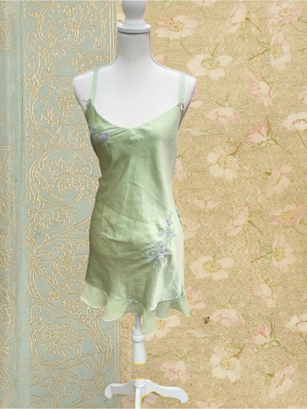 Light Green Satin Slip Dress with Floral Embroidery - Women Intimates